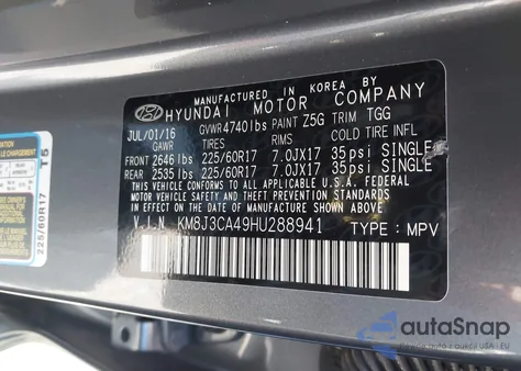 2017 Hyundai Tucson Se из США, поврежденный, VIN KM8J3CA49HU288941